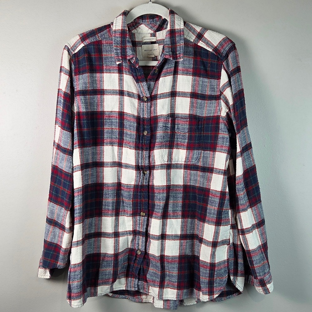 American Eagle Flannel Shirt Womens XL Blue Red Plaid Boyfriend Fit